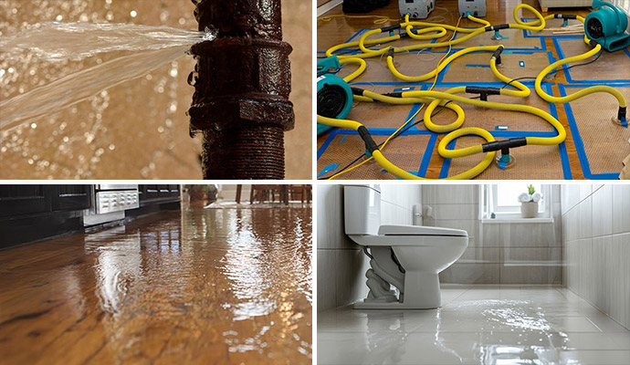 Collage of burst pipe, water extraction service, flood damaged room and water damaged bathroom floor