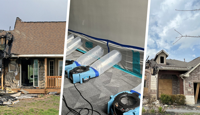 Collage of fire damaged property, water damage restoration and storm damaged property