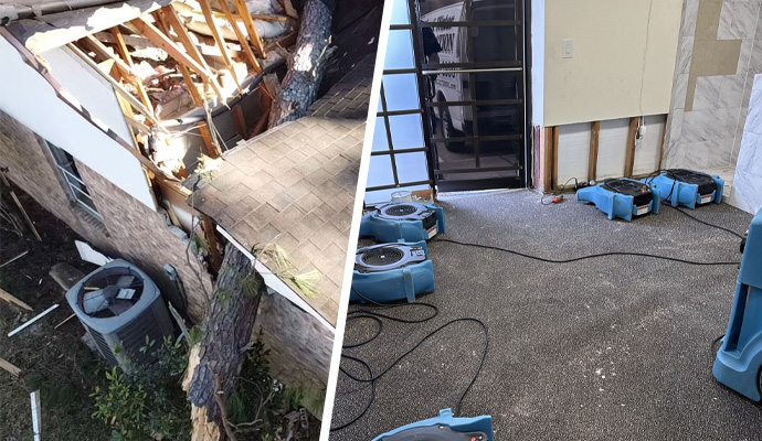 Collage of storm damaged roof and water damage restoration
