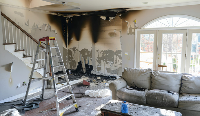 Fire damaged living room