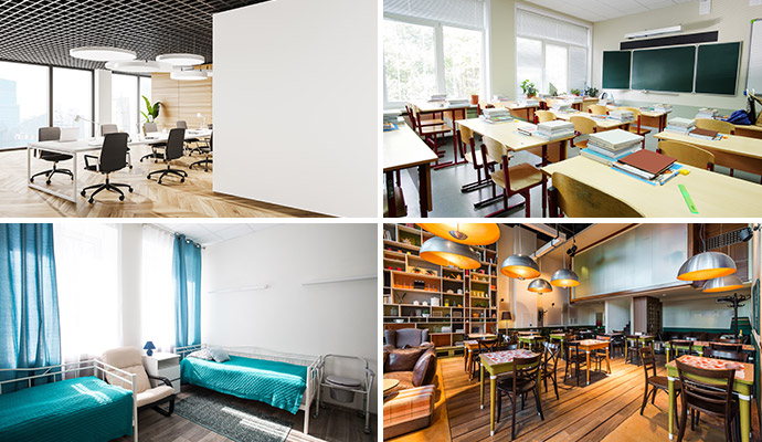 Collage of office, school, hospital and restaurant interior view