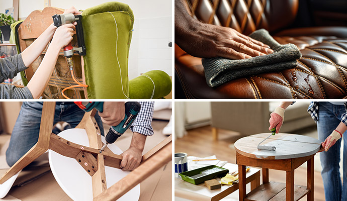 Collage of stapling upholstery, wiping leather chair, assembling wooden table and painting a small wooden stool