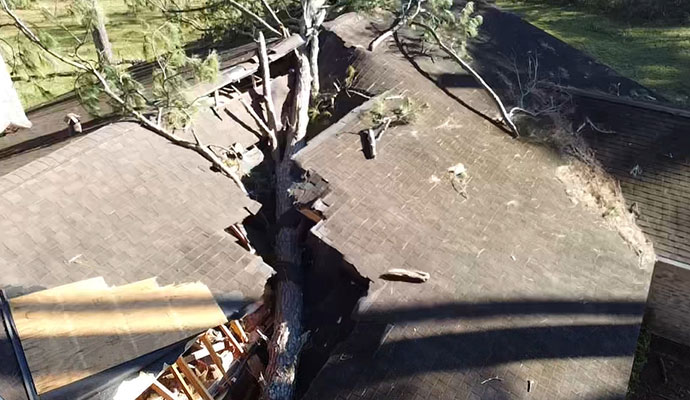 Storm damaged house roof